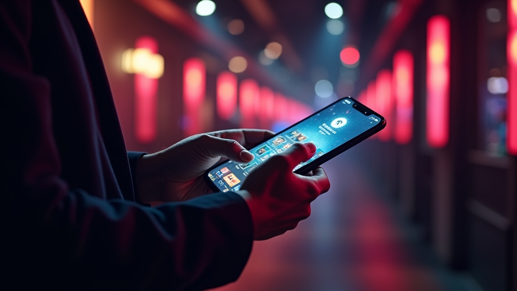 A player using a smartphone in a dark casino corridor with live game icons