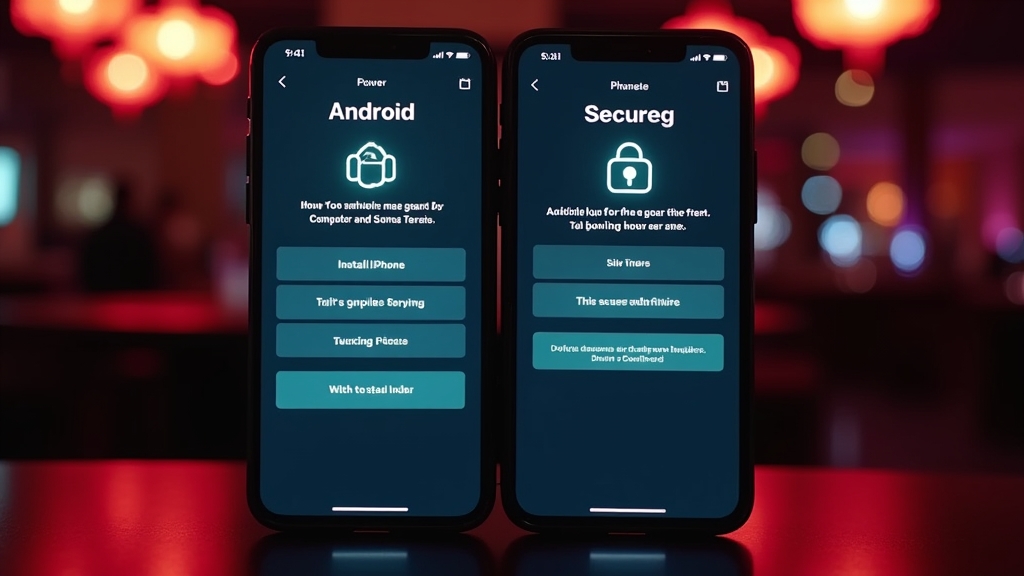 An Android phone and an iPhone showing mobile app install steps in a dark casino scene