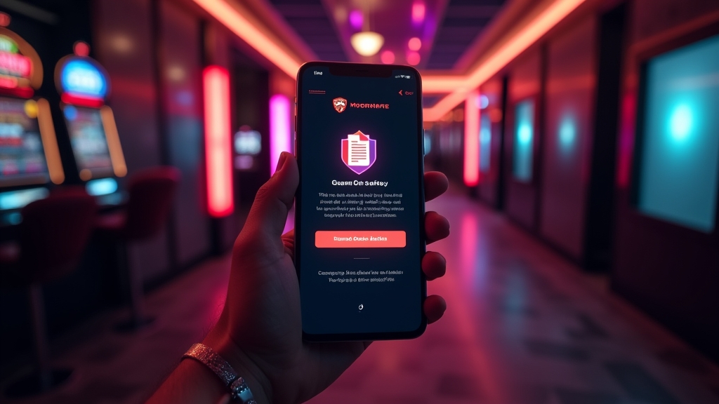A phone screen showing a secure mobile download check in a dark casino hallway