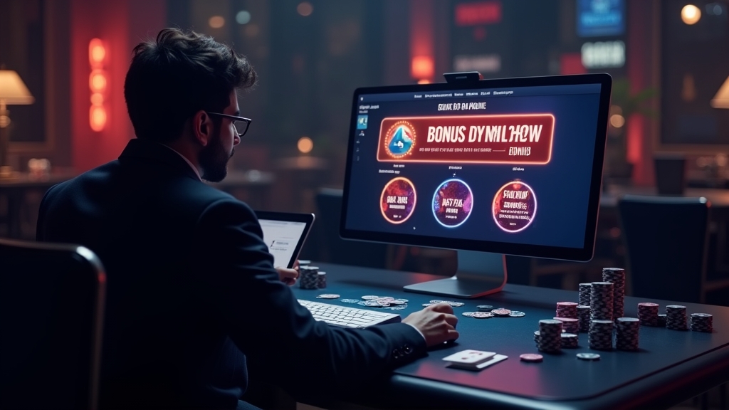 Player reviewing a no deposit bonus overview beside a glowing promo code screen