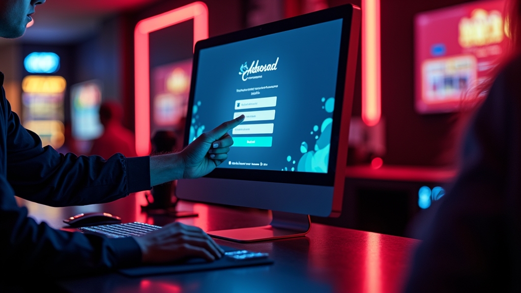 Returning member signing in on a desktop in a dark neon casino setting